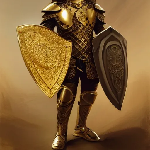 Image similar to Portrait of Pedro Perestrello as a paladin wearing gold full plate armor and wielding a shield, fantasy, intricate, elegant, highly detailed, digital painting, artstation, concept art, matte, sharp focus, illustration, art by Roberto Ferri and Greg Rutkowski and Alphonse Mucha