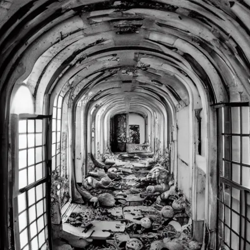 Image similar to a bright white hallway with many doors and stairs full of fungus and mushrooms and rot, Mc Escher architecture, epic composition, decay, anime key visual