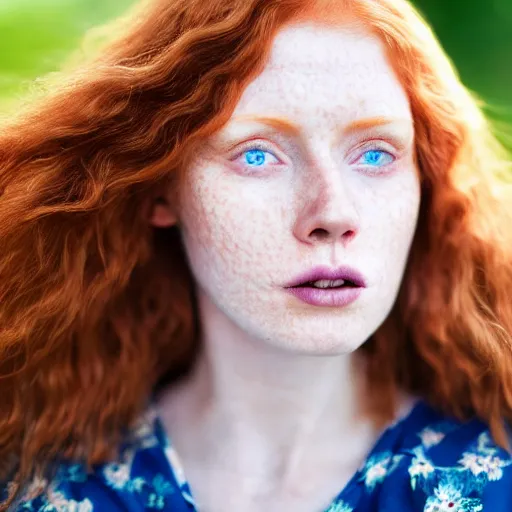 Image similar to close up portrait photograph of a ginger woman with deep blue eyes. Wavy long hair. she looks directly at the camera. Slightly open mouth, with a park visible in the background. 135mm nikon. Intricate. Very detailed 8k. Sharp. Cinematic post-processing. Award winning portrait photography