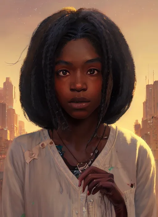 Image similar to highly detailed portrait of black girl with long hair looking at the camera in gta v, stephen bliss, unreal engine, fantasy art by greg rutkowski, loish, rhads, ferdinand knab, makoto shinkai and lois van baarle, ilya kuvshinov, rossdraws, tom bagshaw, global illumination, radiant light, detailed and intricate environment