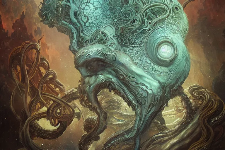 Image similar to a lovecraftian painting of cthulhu face of cosmic horror, cosmic horror elements, ultra realistic, concept art, intricate details, eerie, highly detailed, photorealistic, octane render, 8 k, unreal engine. art by artgerm and greg rutkowski and alphonse mucha