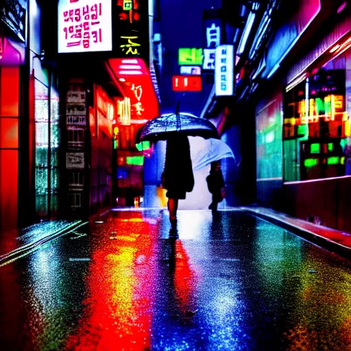 Image similar to photo of a rainy night in a cyberpunk street in seoul, storefronts are made out of neons, a cyberpunk woman is walking in the middle of the street. hyper realistic rendering photography, long shot, 4 k