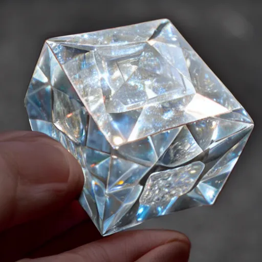 Prompt: giant chunk of diamond shaped like cube, sunlight, f - stop, high quality photography,