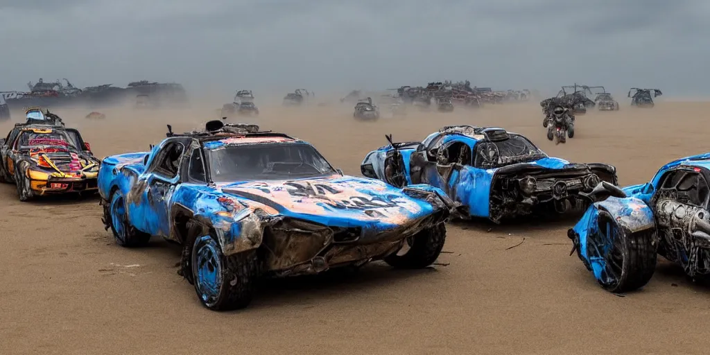 Image similar to the most craziest extreme mad max style car race in history, along a beach in cornwall, really extreme cyberpunk brutal racing machines, gritty, crash, custom fighting speed machines, spectators, smoke, dust, waves, cloudy blue sky