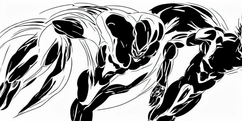 Image similar to a simple black and white pencil storyboard of a giant humanoid athletic sleek futuristic humanoid android powering up as small floating particles swirl around it, lines of energy, going supersaiyan