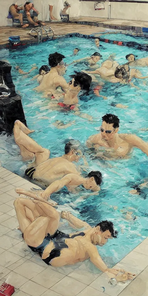 Image similar to oil painting scene from swimming pool by kim jung gi