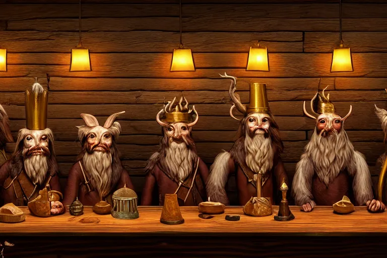 Prompt: A group of High Fantasy Creatures lined up for a portrait in a Tavern directed by Wes Anderson, Regal, Formal, Symmetrical, Satisfying, Dynamic lighting, Highly Detailed, Cinematic Lighting, 8k, HD