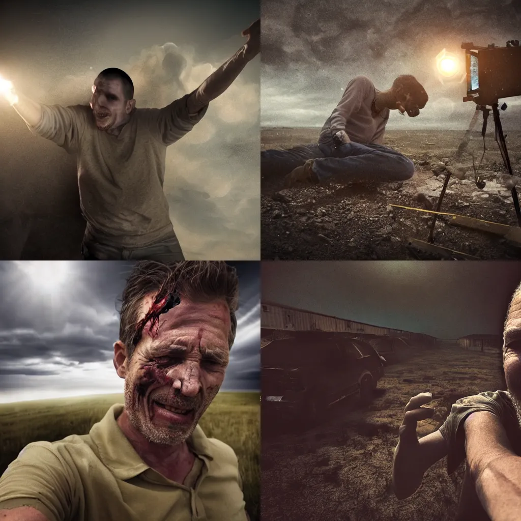 Prompt: dying man taking sefie during the apocalypse, hyper realistic, ethreal, dramatic lighting, rim light
