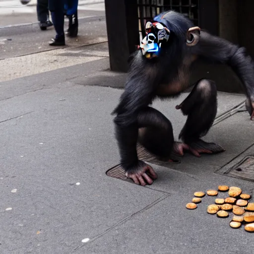 Image similar to a 5 0 mm photo of a chimpanzee picking up pennies on a street in manhattan, hyperrealistic