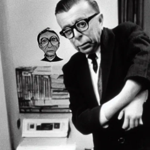 Prompt: sartre hugging a sad alien