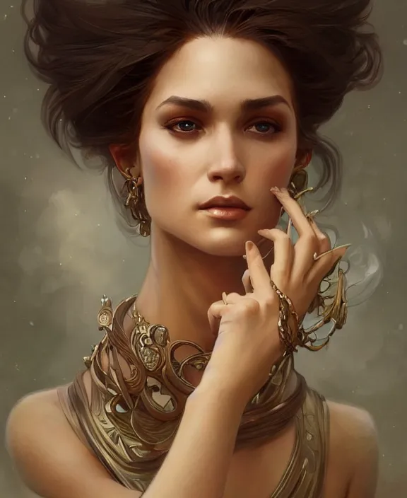 Image similar to portrait close up of woman, concentrated look, symmetry, d & d, fantasy, intricate, elegant, highly detailed, digital painting, artstation, concept art, art by artgerm and greg rutkowski and alphonse mucha, boris vallejo