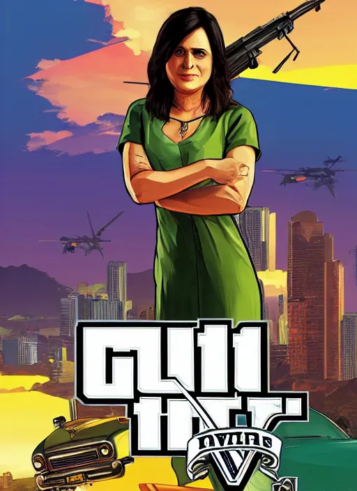 Prompt: leni robredo in gta v game box art by stephen bliss, detailed cover artwork, gta v, gta v loading screen