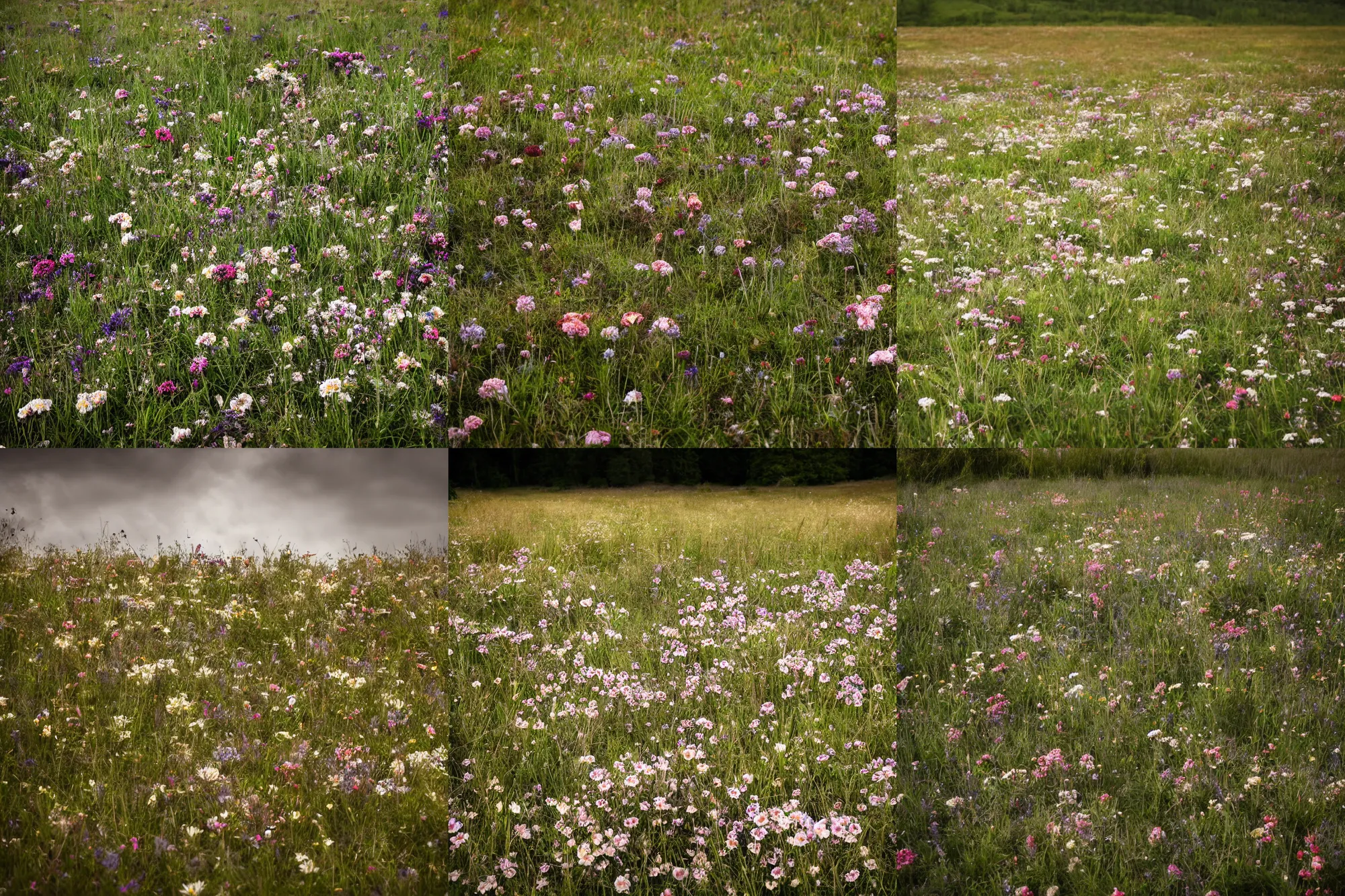 Prompt: professional, atmospheric photograph of decaying bones. in a meadow of flowers