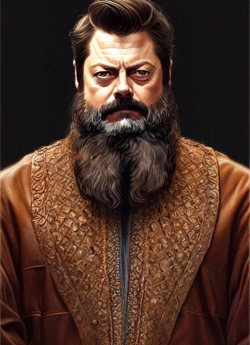 Image similar to portrait of nick offerman, long beard, intricate, leather robes! elegant, muscular! highly detailed, digital painting, artstation, concept art, smooth, sharp focus, illustration, art by artgerm and greg rutkowski and alphonse mucha