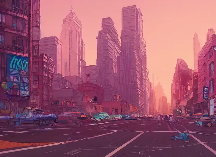Prompt: a view of a city at street level, no cars. sharp focus, cinematic pose, cinematic lighting, unreal engine render. art by josan gonzales and moebius and deathburger.