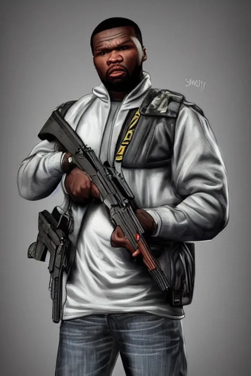 Prompt: a medium shot portrait of 5 0 cent as a gta 4 character, he's holding a rifle. intricate detail, trending on artstationhq