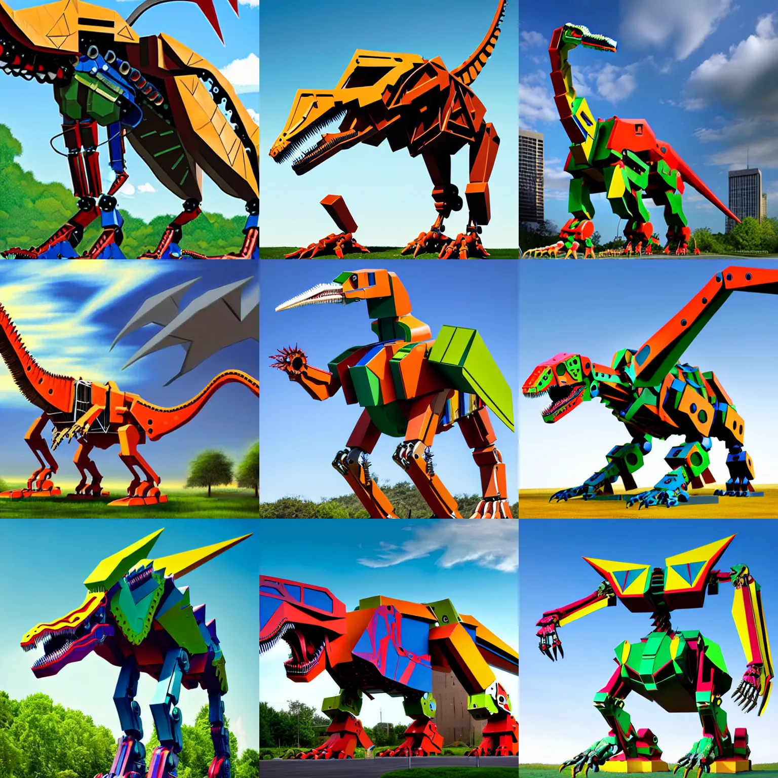 Prompt: mechanized colorful giant robot made from real dinosaurs, legs made from diplodocus, arms made from tyrannosaurs, head made from pterodactyl, voltron, photorealism