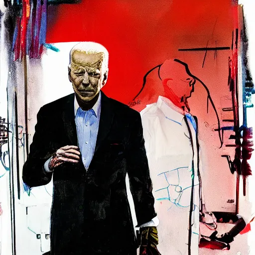 Prompt: Joe Biden full body portrait, Techwear, Cyberpunk, painting by Ralph Steadman, Francis Bacon, Hunter S Thompson