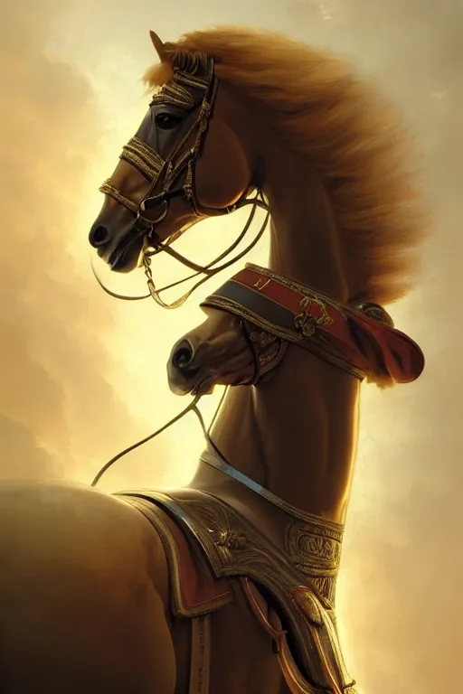 Image similar to portrait of an anthropomorphic horse as napolean bonaparte, dramatic lighting, highly detailed, digital painting, artstation, concept art, smooth, sharp focus, illustration, art by wlop, mars ravelo and greg rutkowski