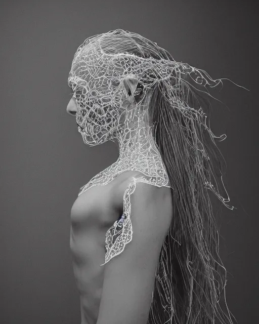 Image similar to a woman's face in profile, long flowing hair entwined in intricate decorative lace leaf skeleton, in the style of the dutch masters and gregory crewdson, dark and moody