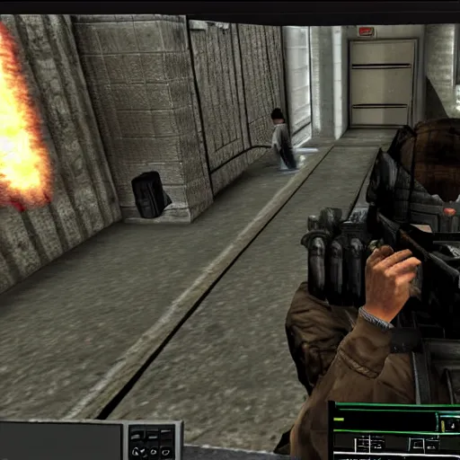 Prompt: a gamer in front of a computer, screenshot from Counterstrike 1.6