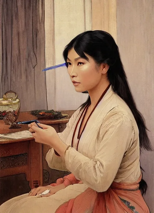 Prompt: a painting of a beautiful 35 year old Asian woman with tanned skin and traditional dress with very long sleeves. She is holding a pen and looking at the viewer and her expression is stern and piecing. by Artgerm and Greg Rutkowski and Alphonse Mucha, dramatic studio lighting