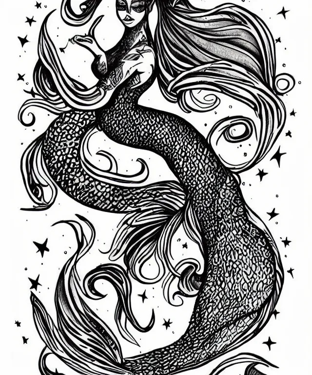 Prompt: tattoo design illustration, black ink on white paper, beautiful mermaid, full body