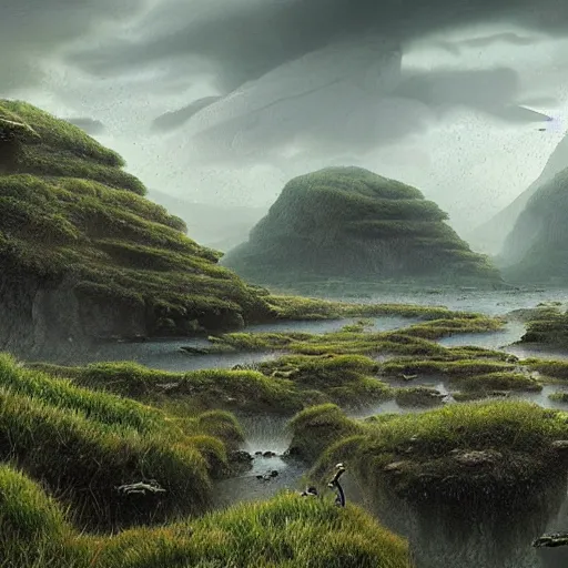 Image similar to digital art of a lush natural scene on an alien planet by michal klimczak ( shume ). extremely detailed. science fiction. beautiful landscape. weird vegetation. cliffs and water.