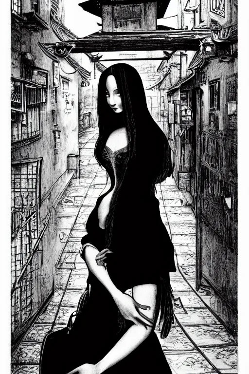 Image similar to beautiful portrait of a woman, negative no not mona lisa pose, highly detailed ink illustration of a dark alley of taipei, b & w clean shaped illustration by kim jung gi, ric estrada, ron english and eiichiro oda