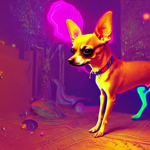 Prompt: a psychedelic chihuahua living in an extradimensional reality, in the style of wlop, illustration, epic, fantasy, hyper detailed, smooth, unreal engine, sharp focus, ray tracing, physically based rendering, renderman, beautiful