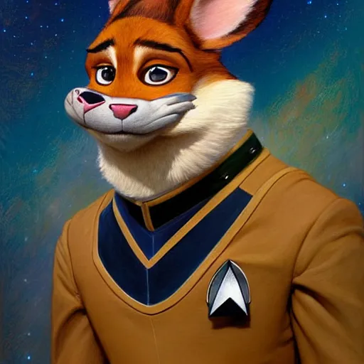 Image similar to a portrait of chief boggo in a starfleet uniform star trek chief engineer. zootopia fursona furaffinity furry art detailed face highly detailed painting by gaston bussiere craig mullins jc leyendecker gustav klimt artgerm greg rutkowski furry