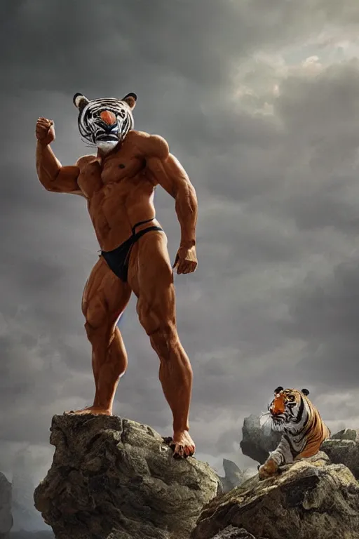 Prompt: a humanoid muscular man with a tiger mask stands on a rock by greg rutkowski, magic realism, hyper realistic, 2 0 0 mm lens