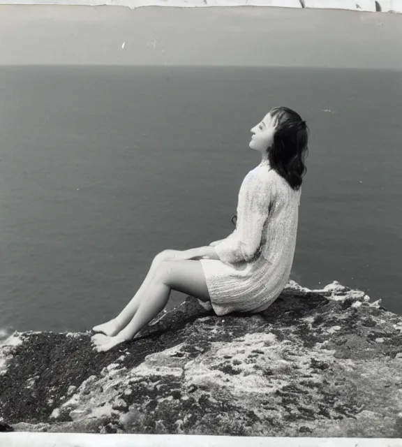 Image similar to a vintage photo of a girl sitting on a cliff overlooking the beach.