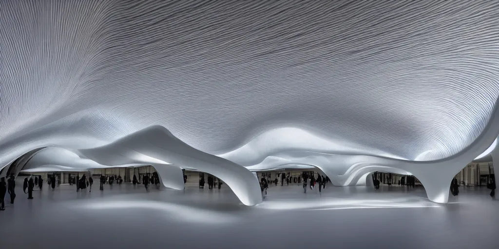 Prompt: extremely detailed awe stunning beautiful futuristic smooth curvilinear elegant museum interior by zaha hadid, translucent gills, stunning volumetric light, stainless steel, concrete, translucent material, beautiful sunset, hyper real, 8k, colorful, 3D cinematic volumetric light, atmospheric light