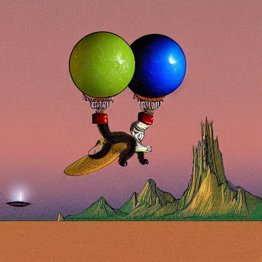 Prompt: a hybrid of an extraterrestrial with a monkey, landing in mars in a multi color hot air balon, by francis bancon