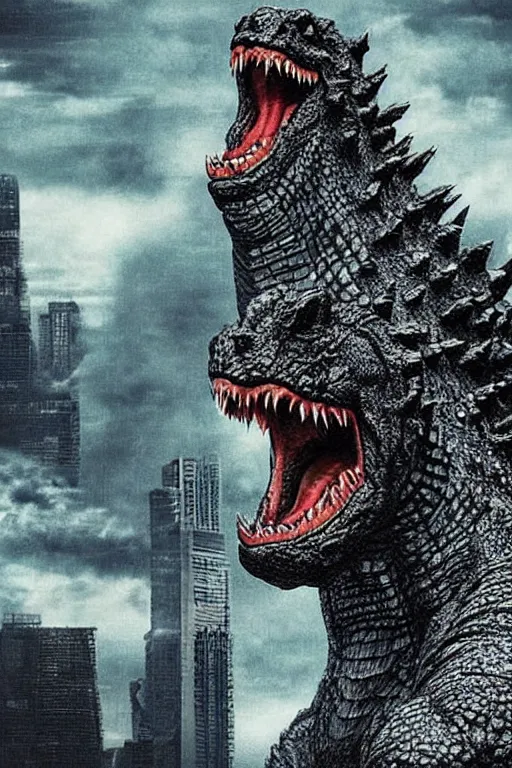 Image similar to Godzilla, kaiju, beast, crocodile, sharp teeth, scary look, angry