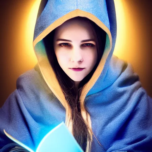 Prompt: portrait art of a female wizard with brown hair wearing a blue hood and blue robe holding a book, ultra realistic, lens flare, atmosphere, glow, detailed, intricate, full of colour, cinematic lighting, trending on artstation, 4 k, hyperrealistic, focused, extreme details, unreal engine 5, cinematic, masterpiece