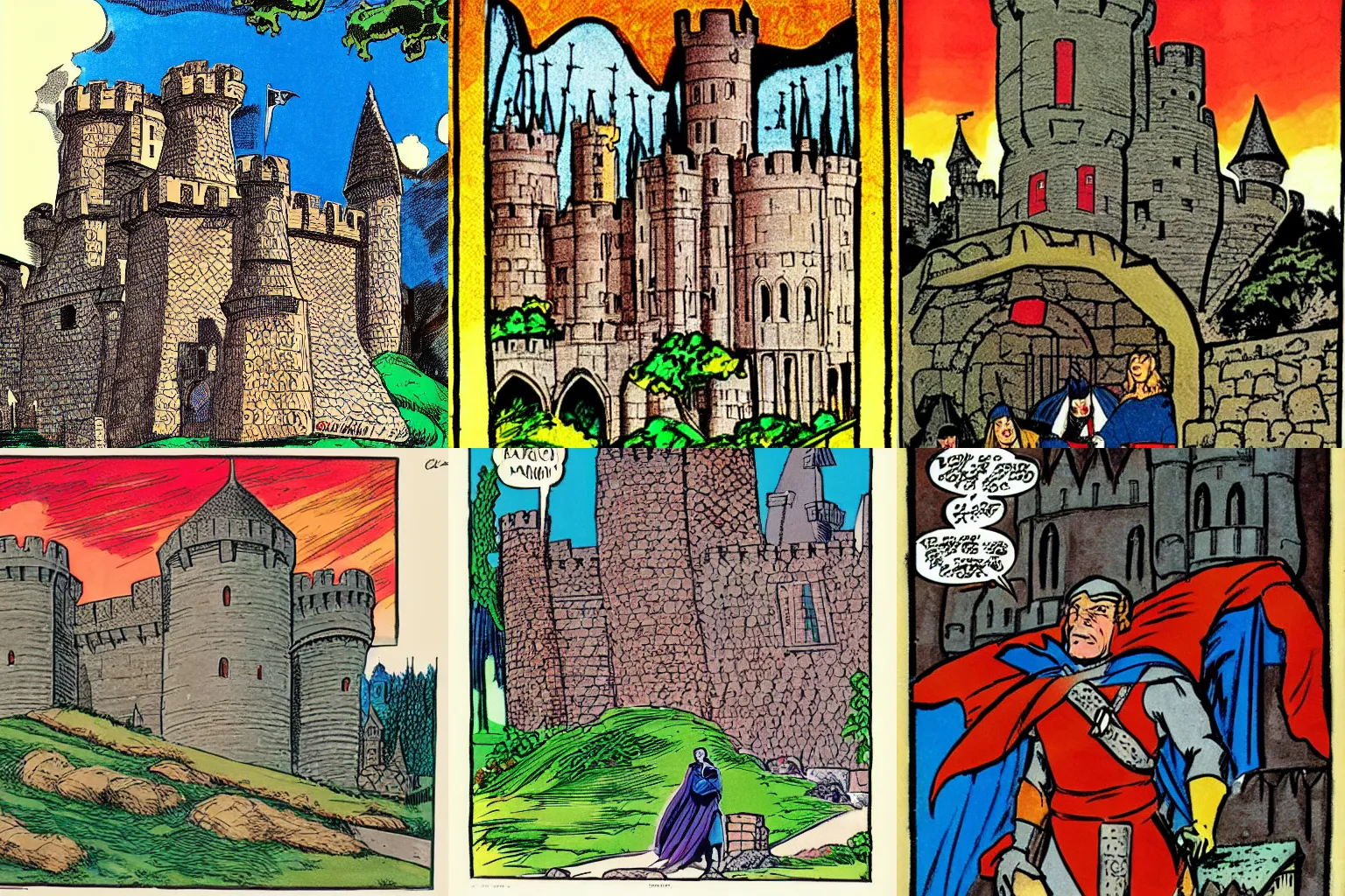 Prompt: medieval castle, colored, by Gil Kane