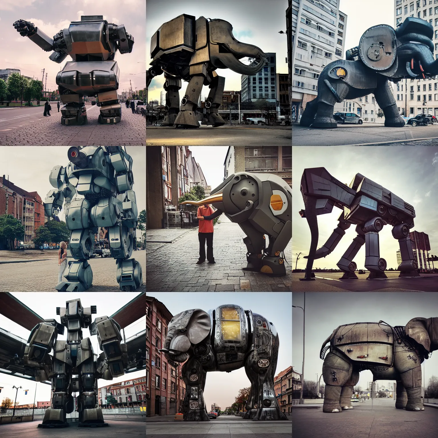 Prompt: giant oversized cyborg elephant as cyborg mecha robot, in legnica, full body shot, cinematic focus, polaroid photo, vintage, neutral dull colors, soft lights, sunset,, film still close up by by victor enrich, by gregory crewdson