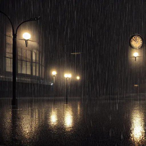 Image similar to dark rainy night, lights, clock chases a guy, running, rain on screen, realistic, cinematic, raytracing, time, intense detail, artstation