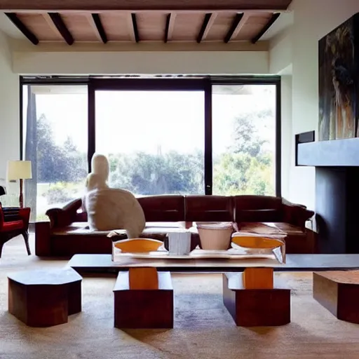 Prompt: a living room filled with furniture and a fire place, an abstract sculpture by maginel wright enright barney, featured on pinterest, modernism, minimal style