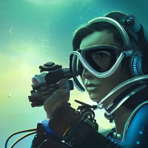 Prompt: a profile photo of a diver in an ocean, side profile, sci-fi, elegant, sinister,highly detailed, digital painting, artstation, concept art, smooth, sharp focus, illustration