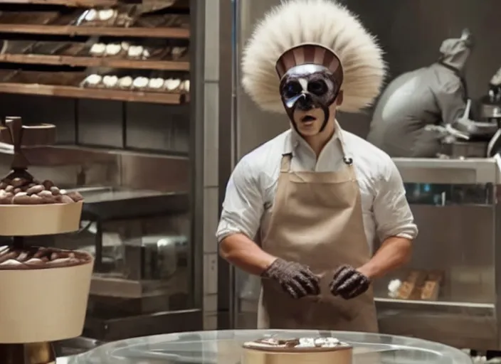 Image similar to film still of Rocket Racoon working as a chocolatier in the new Avengers movie, 4k