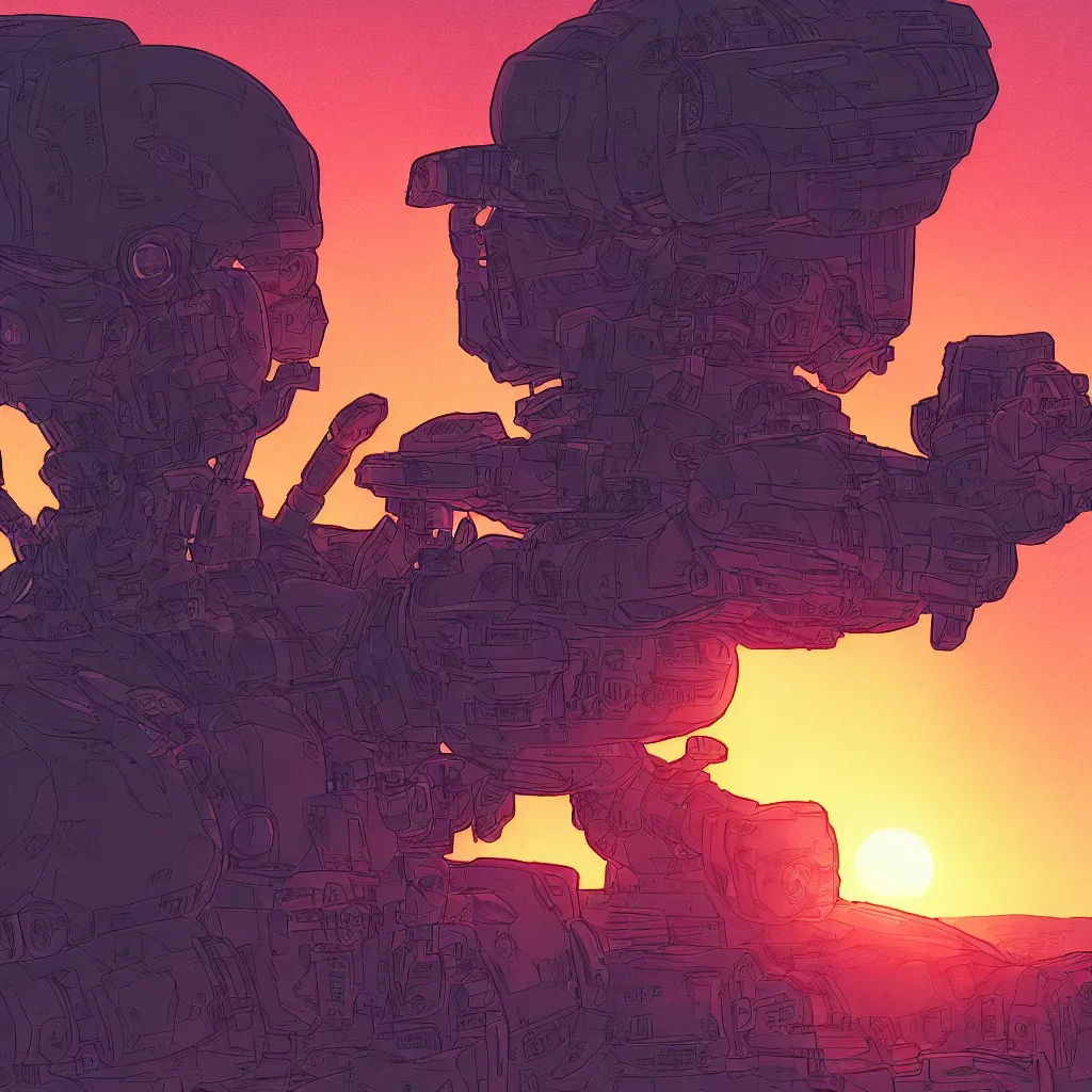 Image similar to in the style of max prentis and deathburger and laurie greasley a close up of a young explorer wearing a cyberpunk headpiece sitting on the head of a giant robot watching the sunset in the distance, highly detailed, 8 k wallpaper