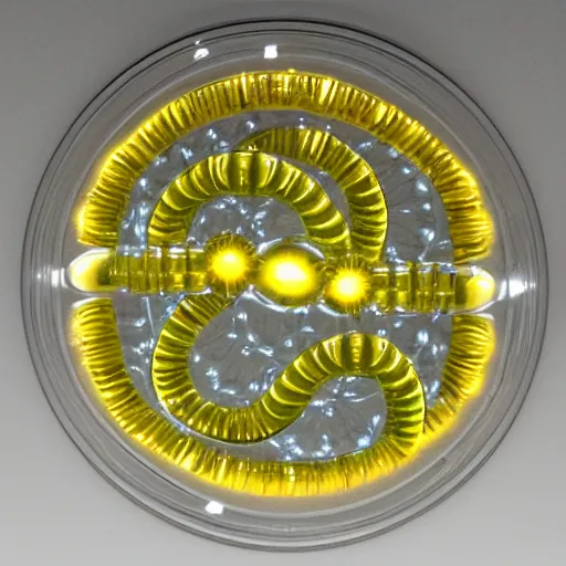 Prompt: photo of a translucent pill with glowing dna helix and shiny gears inside, plate, 50mm, beautiful photo