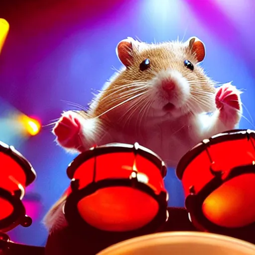 Image similar to a hamster playing drums on a stage in a small club, red and blue stagelights, photorealistic