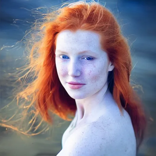 Prompt: Fine art photo of the most beautiful woman, she is redhead, she is posing while maintain a sweet eye contact to the camera, she has a crown of flowers, she has perfect white teeths, she is walking on a river, she is getting ulluminated by the rays of the sunset, the photo was taking by Annie Leibovitz, Ellie Victoria Gale, Steve McCurry, matte painting, oil painting, naturalism, 4k, 8k