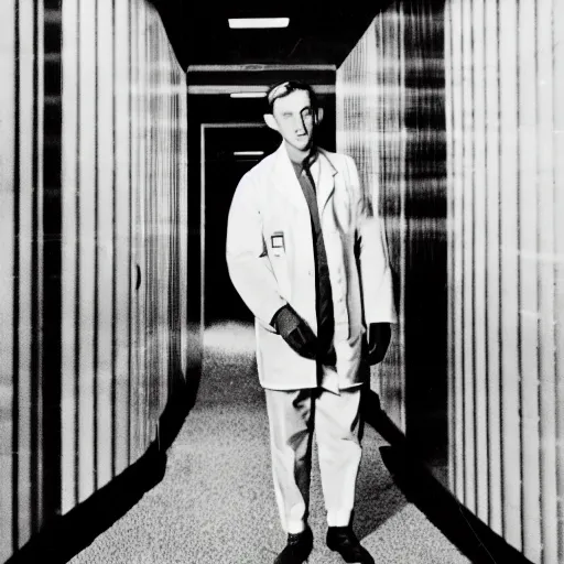 Prompt: a 1 9 5 0 s male scientist wearing a lab coat standing lost in the backrooms, mono - yellow old moist carpet, empty liminal space, very dark shadows, broken fluorescent lighting, horror movie scene, film grain