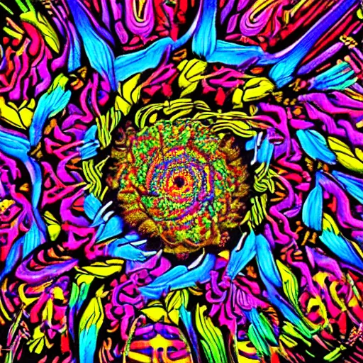 Prompt: god of psychedelics dancing in a vortex made of flowers