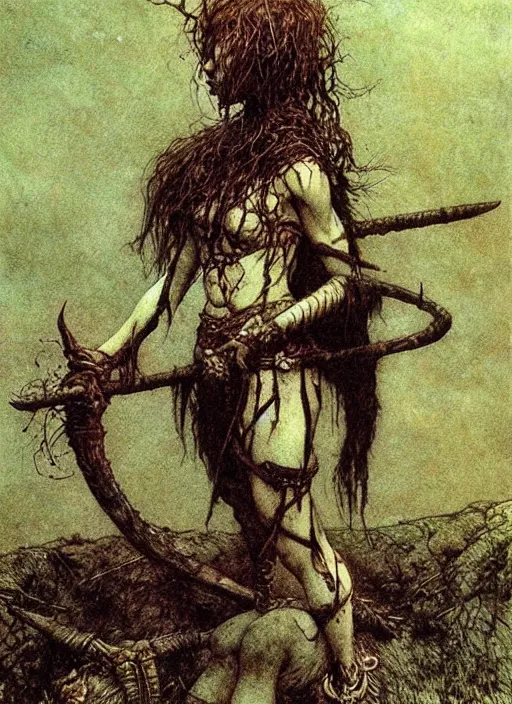 Image similar to bald barbarian girl by Beksinski and Arthur Rackham